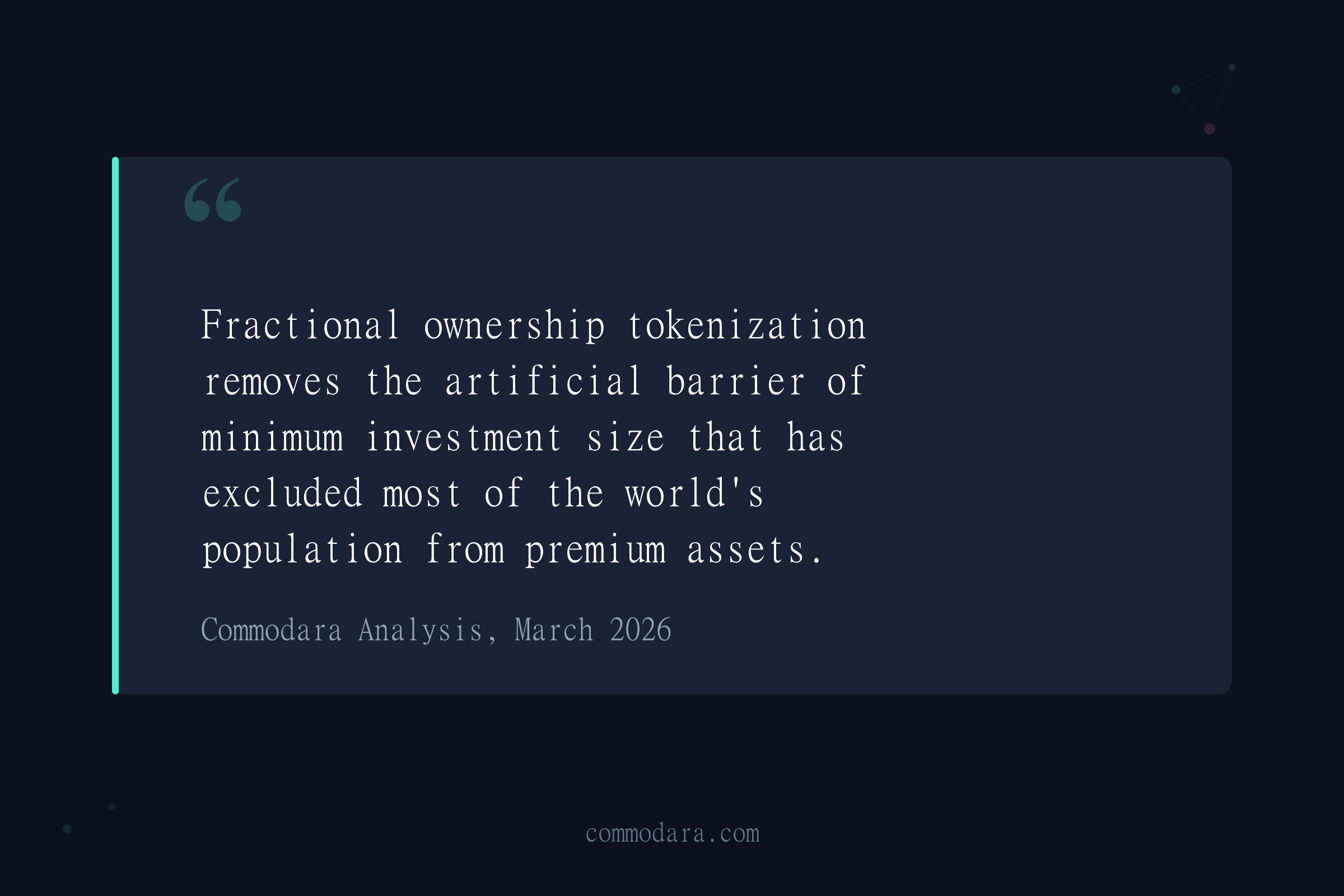 Fractional ownership tokenization removes minimum investment barriers for premium asset classes