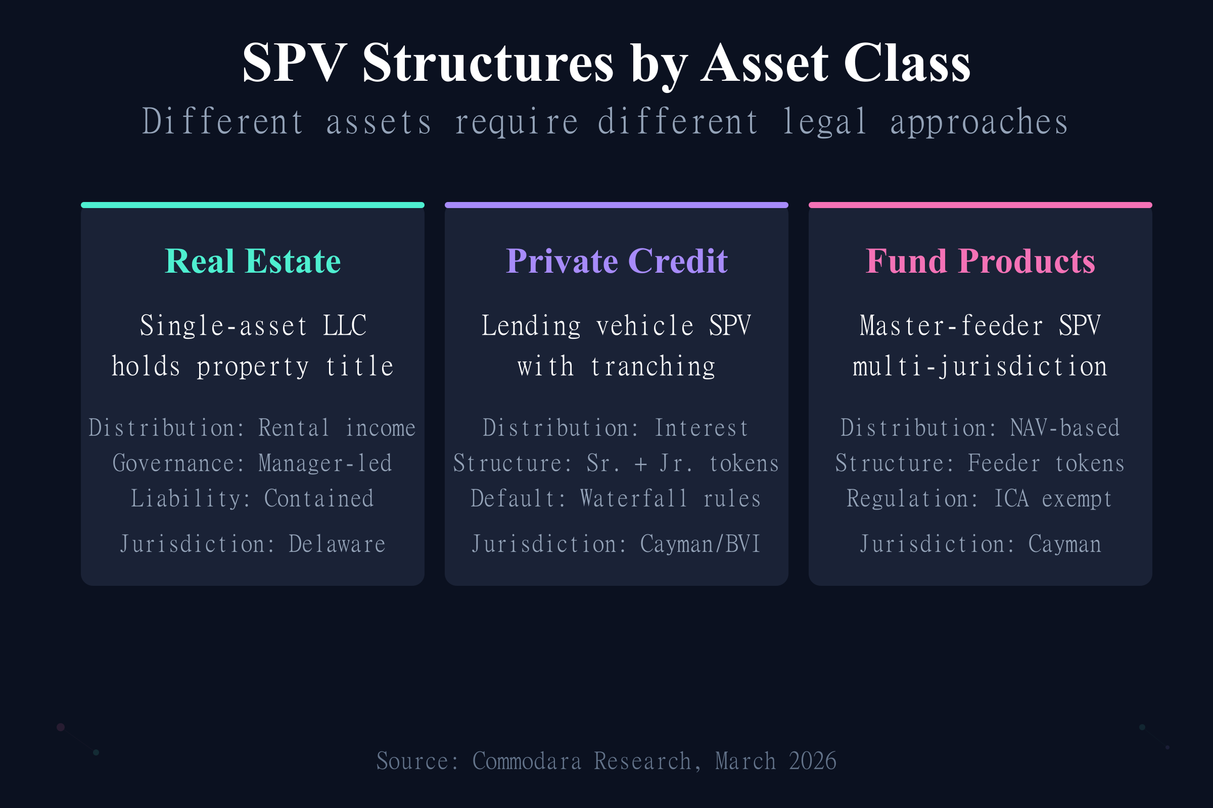SPV tokenization structures for real estate, private credit, and fund products by asset class
