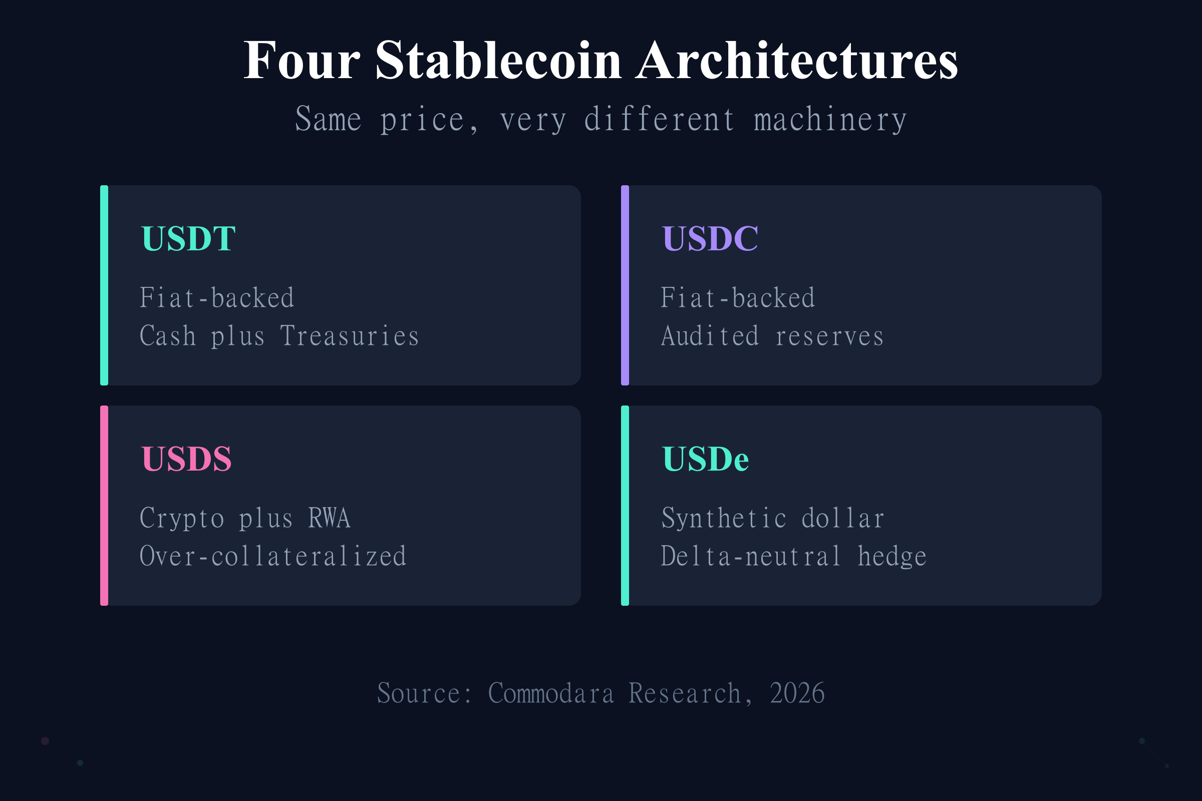 Four stablecoin architectures in the stablecoin comparison 2026: USDT, USDC, USDS, and USDe